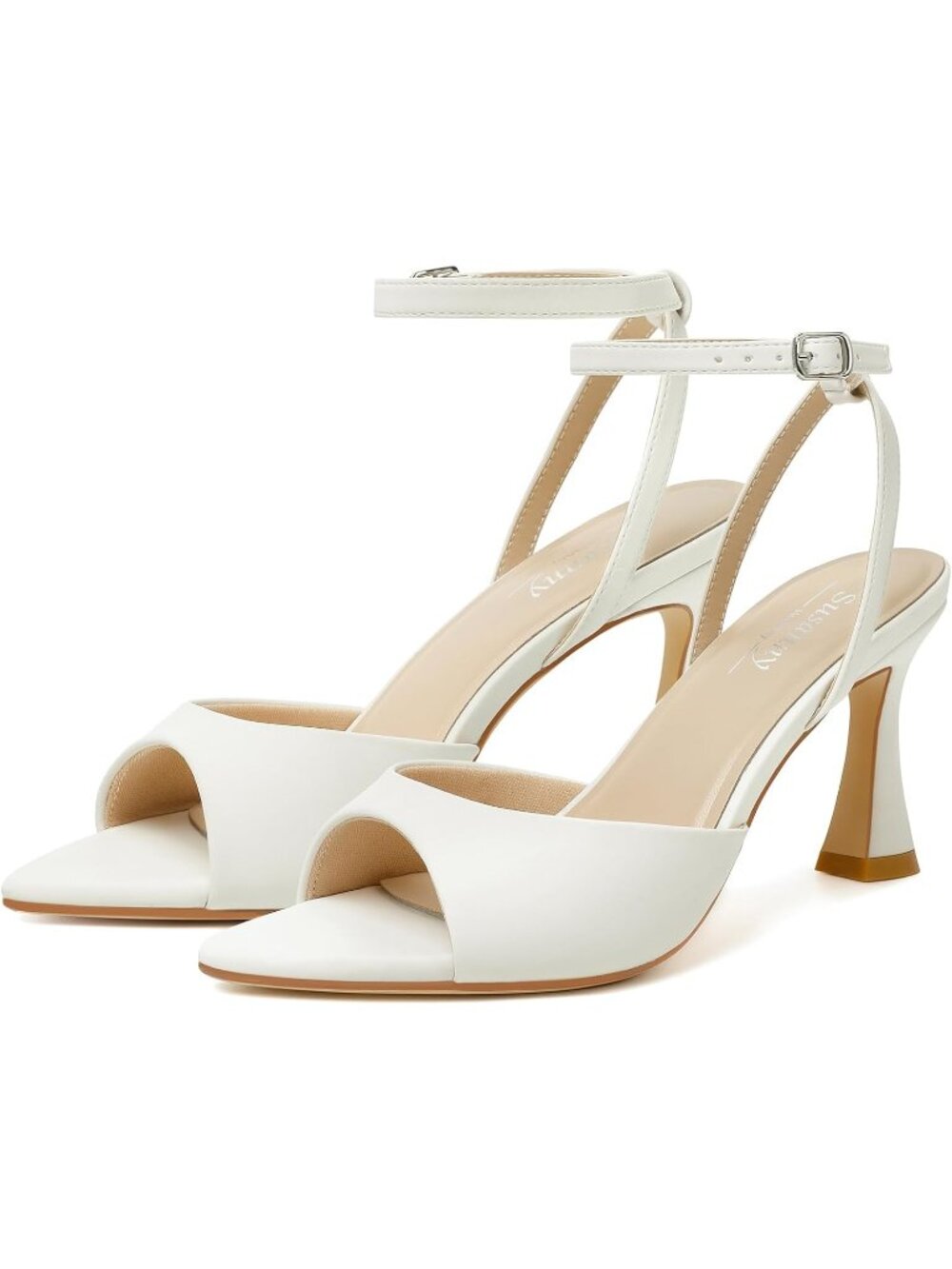 Women's Beige White Chunky Ankle Stiletto Kitten Pointed Heeled Sandals